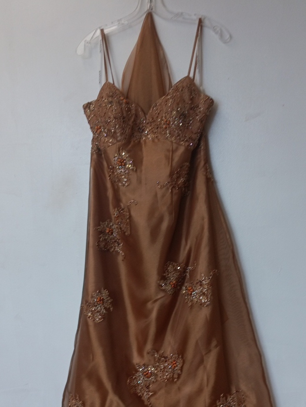 Vintage Sleeveless Copper-Beige Beaded Maxi Dress with Spaghetti Straps